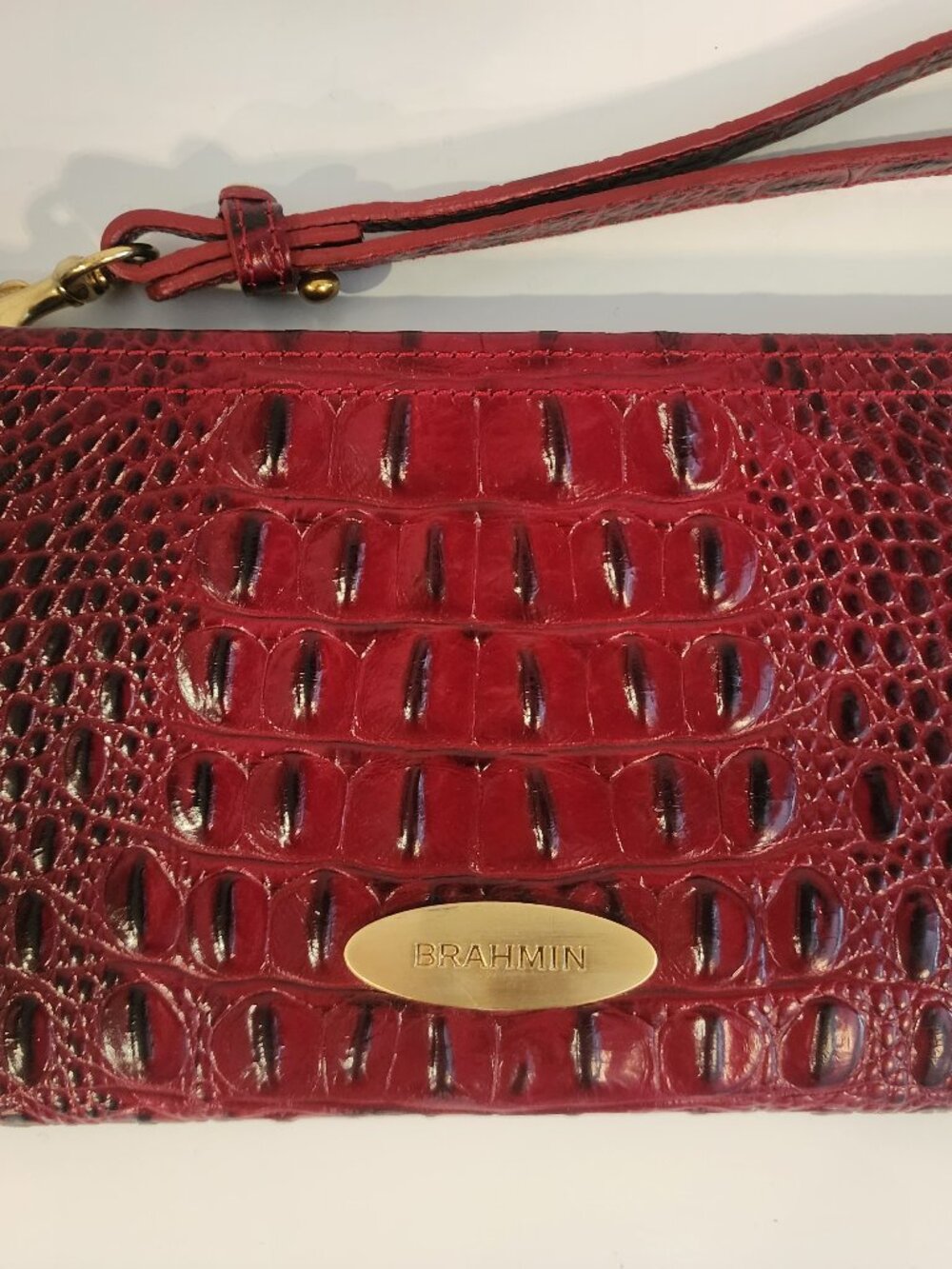 Brahmin Red Burgundy Croc Embossed Leather Wristlet Clutch Purse Gold Hardware